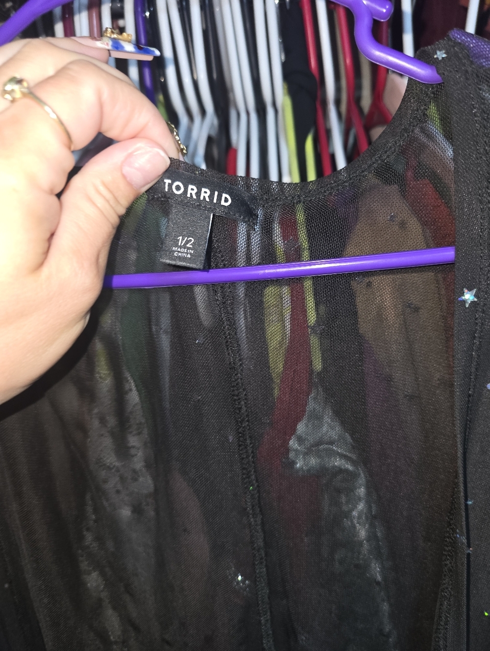 NWOT DEADSTOCK TORRID Black Mesh & Iridescent Star Bell Sleeve Longline Kimono - Picture 8 of 9